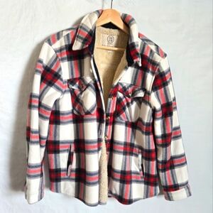 SAGE Shacket Women's Sz L White Blue Red Plaid Sherpa Lined‎ Button Down Flannel